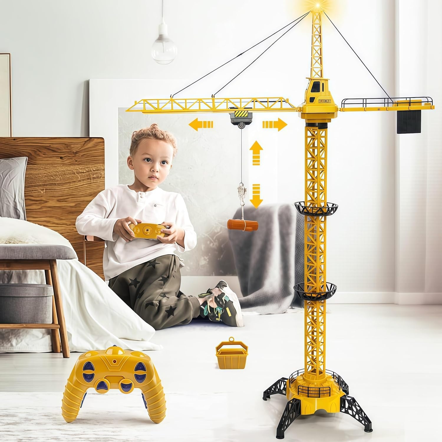 Mini Tudou Constructie Torenkraan Speelgoed, RC Bouwtorenkraan Speelgoed, 128 cm Hoge 2.4 Hz Afstandsbediening Torenkraan, 6-Kanaals & 680° Draaibare Lift, Torenlicht en Geluiden voor Jongens