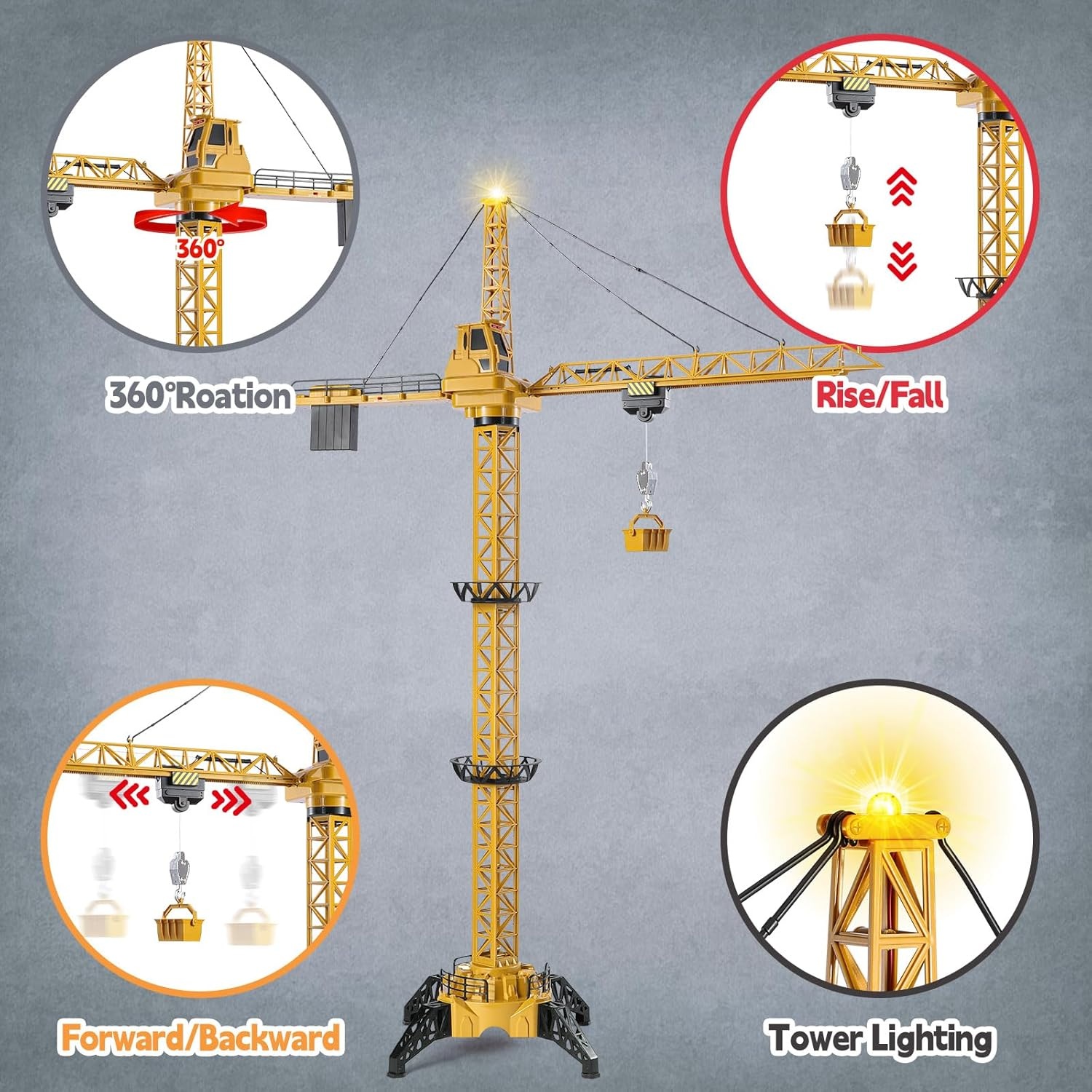 Mini Tudou Constructie Torenkraan Speelgoed, RC Bouwtorenkraan Speelgoed, 128 cm Hoge 2.4 Hz Afstandsbediening Torenkraan, 6-Kanaals & 680° Draaibare Lift, Torenlicht en Geluiden voor Jongens