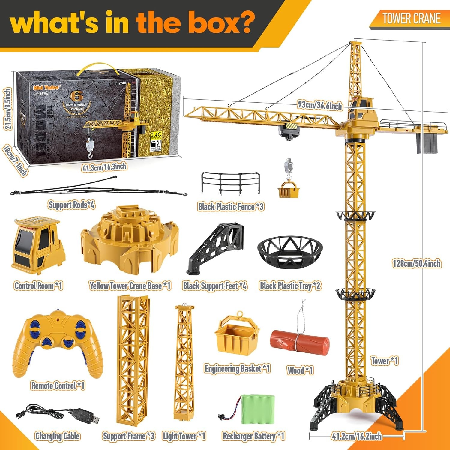Mini Tudou Constructie Torenkraan Speelgoed, RC Bouwtorenkraan Speelgoed, 128 cm Hoge 2.4 Hz Afstandsbediening Torenkraan, 6-Kanaals & 680° Draaibare Lift, Torenlicht en Geluiden voor Jongens