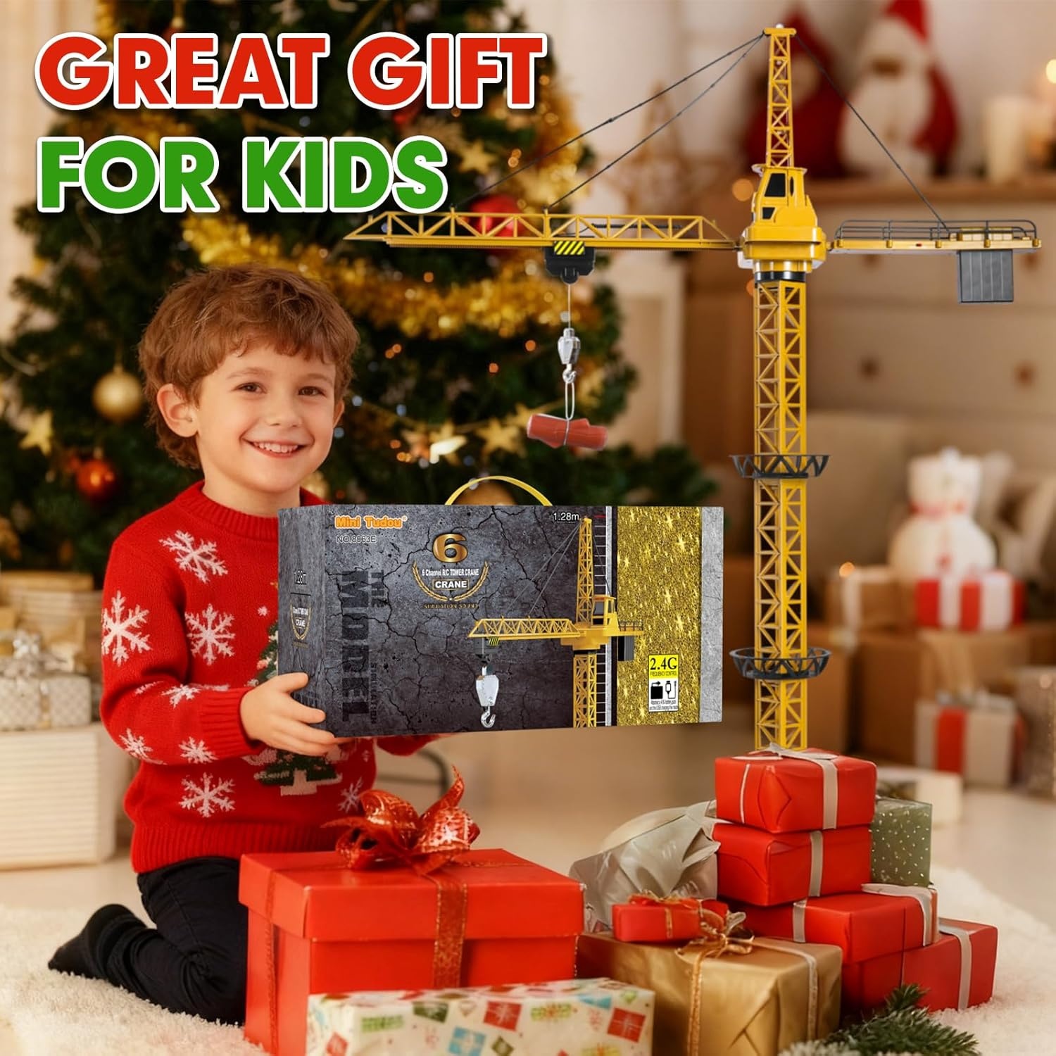 Mini Tudou Constructie Torenkraan Speelgoed, RC Bouwtorenkraan Speelgoed, 128 cm Hoge 2.4 Hz Afstandsbediening Torenkraan, 6-Kanaals & 680° Draaibare Lift, Torenlicht en Geluiden voor Jongens