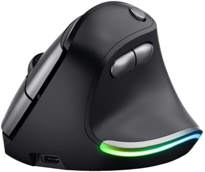 Trust Bayo Rechargeable Vertical Mouse, Sustainable Ergonomic Mouse, Reduces Arm and Wrist Strain, RF 2.4GHz, 800-4200 DPI, 6 Buttons, RGB Wireless Mouse for Windows, PC, Laptop, Mac - Black
