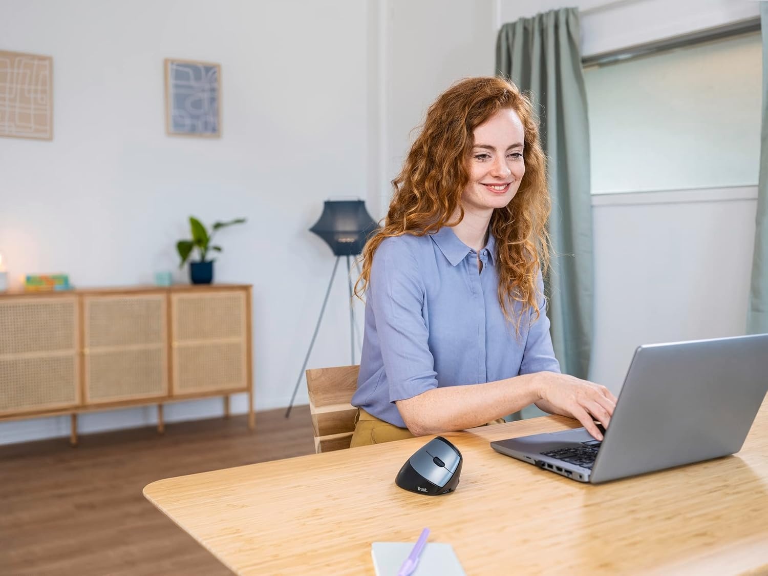 Trust Bayo Rechargeable Vertical Mouse, Sustainable Ergonomic Mouse, Reduces Arm and Wrist Strain, RF 2.4GHz, 800-4200 DPI, 6 Buttons, RGB Wireless Mouse for Windows, PC, Laptop, Mac - Black