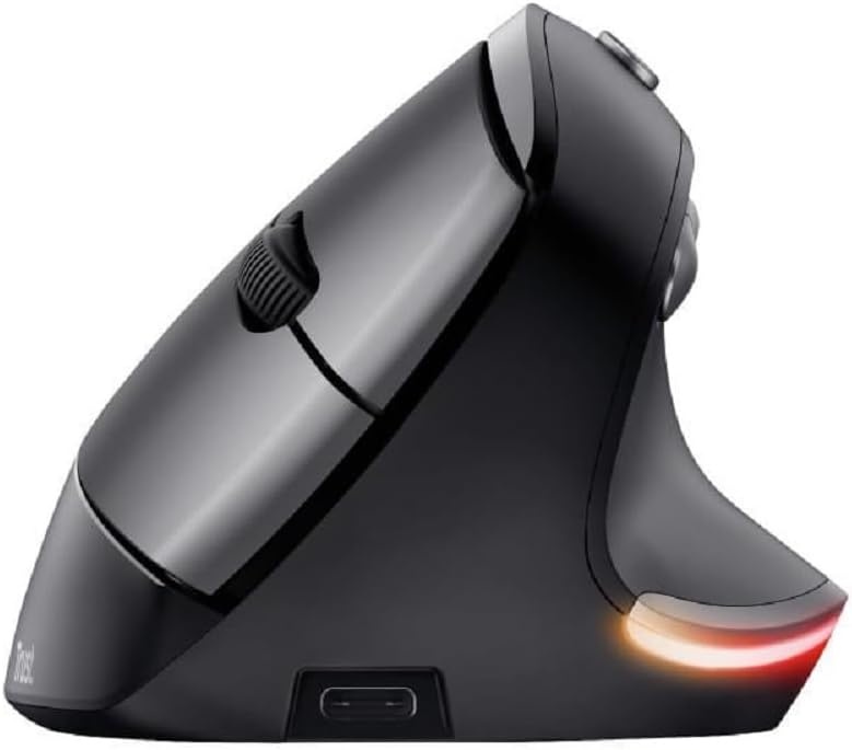 Trust Bayo Rechargeable Vertical Mouse, Sustainable Ergonomic Mouse, Reduces Arm and Wrist Strain, RF 2.4GHz, 800-4200 DPI, 6 Buttons, RGB Wireless Mouse for Windows, PC, Laptop, Mac - Black