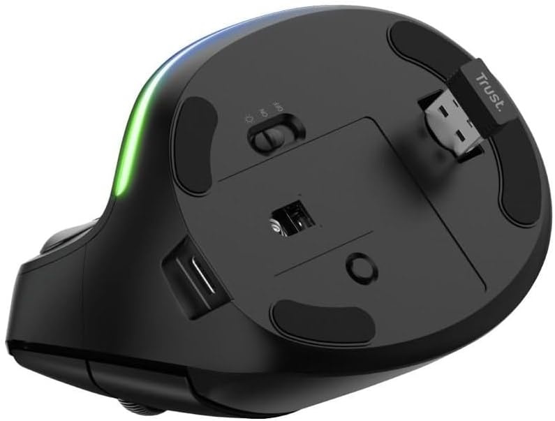 Trust Bayo Rechargeable Vertical Mouse, Sustainable Ergonomic Mouse, Reduces Arm and Wrist Strain, RF 2.4GHz, 800-4200 DPI, 6 Buttons, RGB Wireless Mouse for Windows, PC, Laptop, Mac - Black
