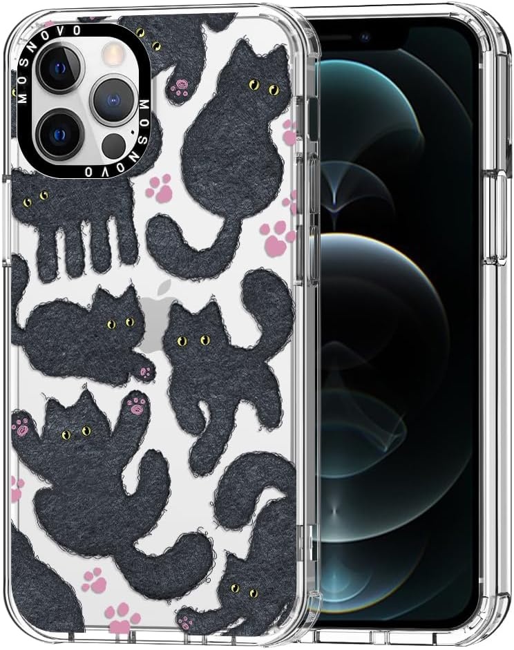 MOSNOVO Hoesje voor iPhone 12 Pro Max, [Buffertech 6,6ft militaire valbescherming] [Anti Peel Off Tech] Clear TPU Bumper Phone Case Cover Ontwerp - Zwarte Harige Kat