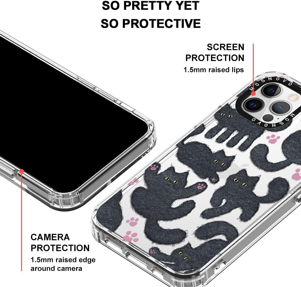 MOSNOVO Hoesje voor iPhone 12 Pro Max, [Buffertech 6,6ft militaire valbescherming] [Anti Peel Off Tech] Clear TPU Bumper Phone Case Cover Ontwerp - Zwarte Harige Kat