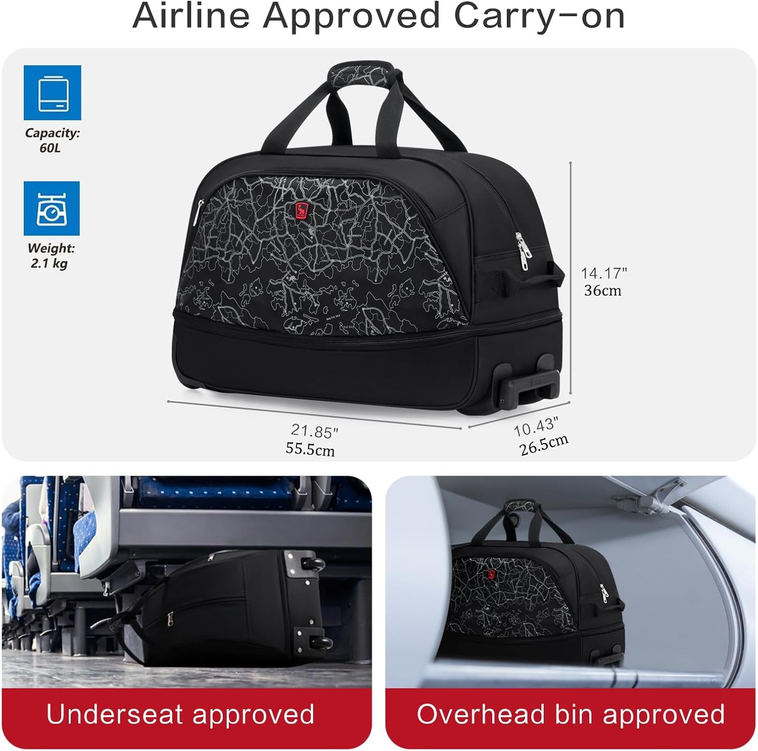 OIWAS Reistas met wielen, kleine 50 - 60 l, zakelijke trolley, handbagage, sporttas, weekendtas, voor dames en heren, uitbreiding, Zwart met kaartpatroon, Medium