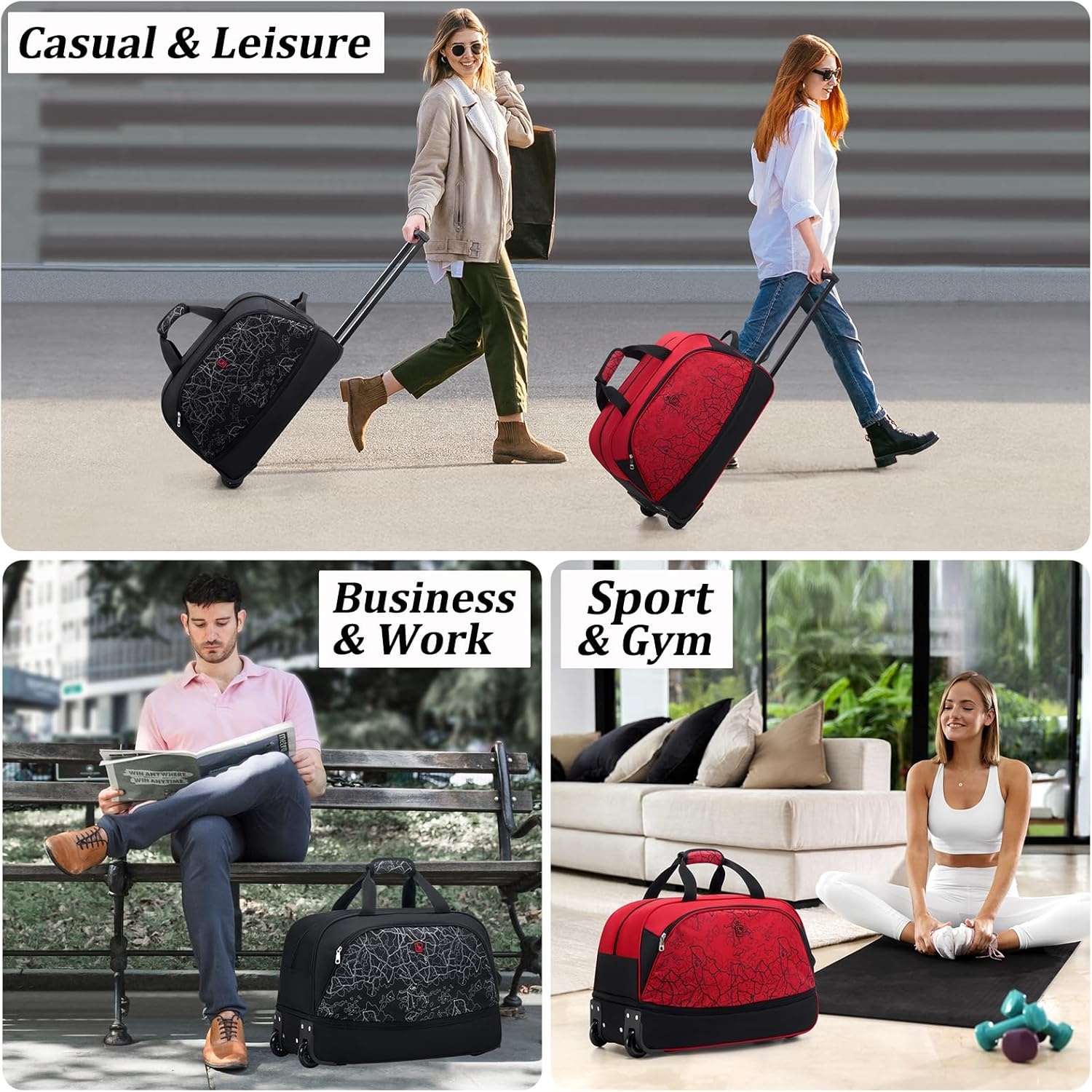 OIWAS Reistas met wielen, kleine 50 - 60 l, zakelijke trolley, handbagage, sporttas, weekendtas, voor dames en heren, uitbreiding, Zwart met kaartpatroon, Medium