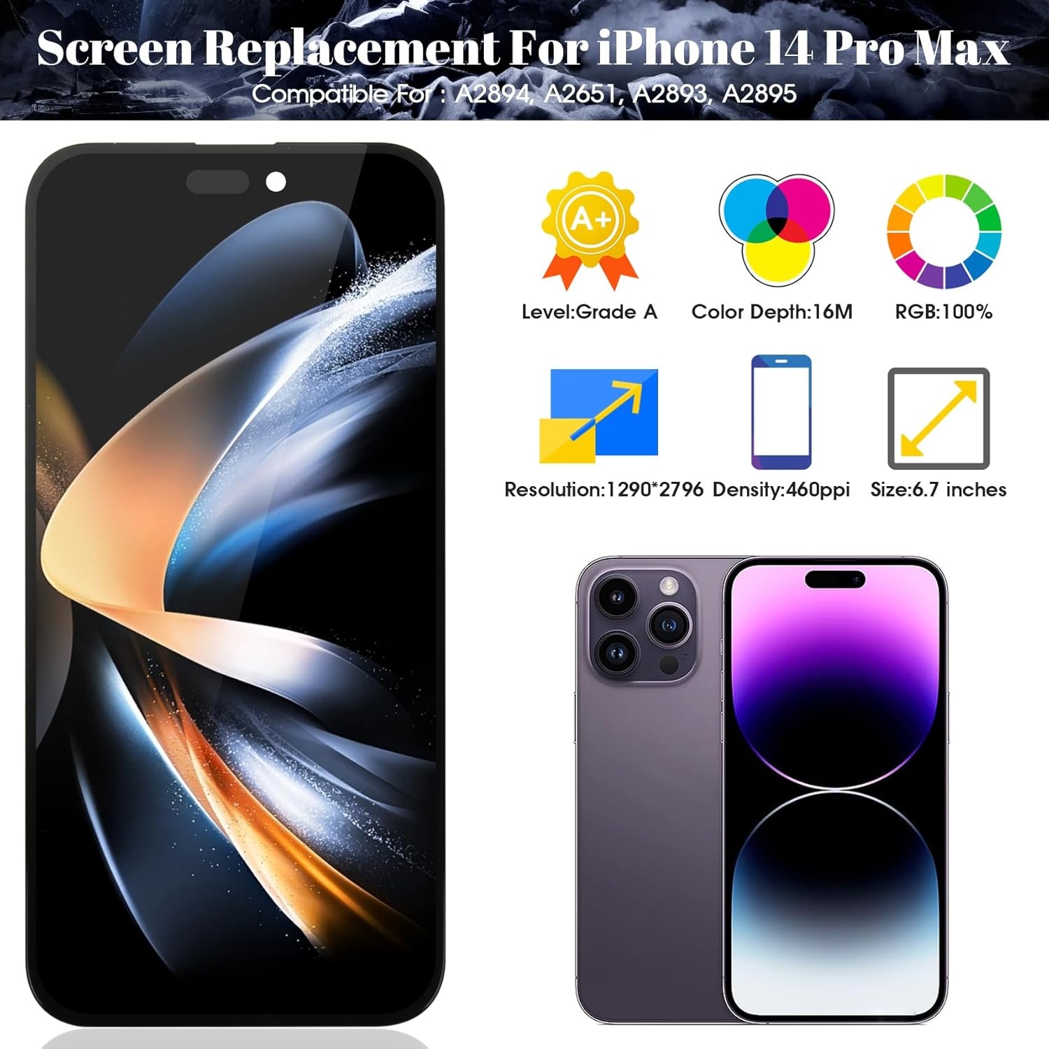 TFT Voor iPhone 14 Pro Max LCD Vervanging Screen Voor iPhone 14 Pro Max Display Voor iPhone 14 Pro Max A2894, A2893, A2895 Digitizer Display Touch Sensor Montage Reparatie Kits Zonder Frame (Zwart)