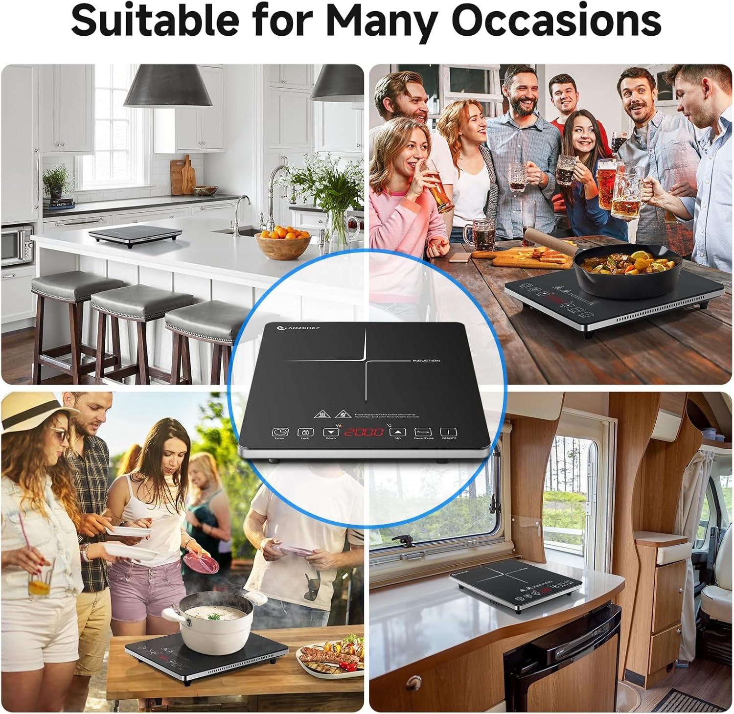 Induction hob, AMZCHEF single induction hob with ultra-thin design, 20 temperature settings and 20 power settings, 2000W induction hob 1 plate, 3-hour timer, safety lock.