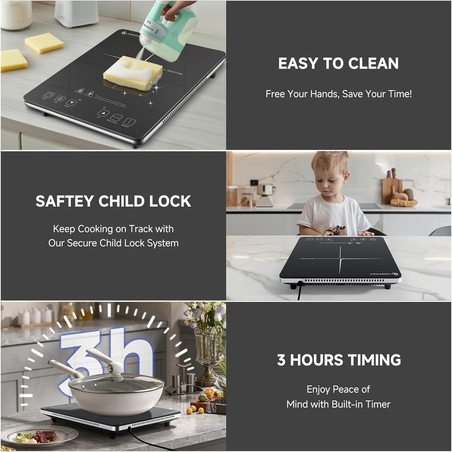 Induction hob, AMZCHEF single induction hob with ultra-thin design, 20 temperature settings and 20 power settings, 2000W induction hob 1 plate, 3-hour timer, safety lock.