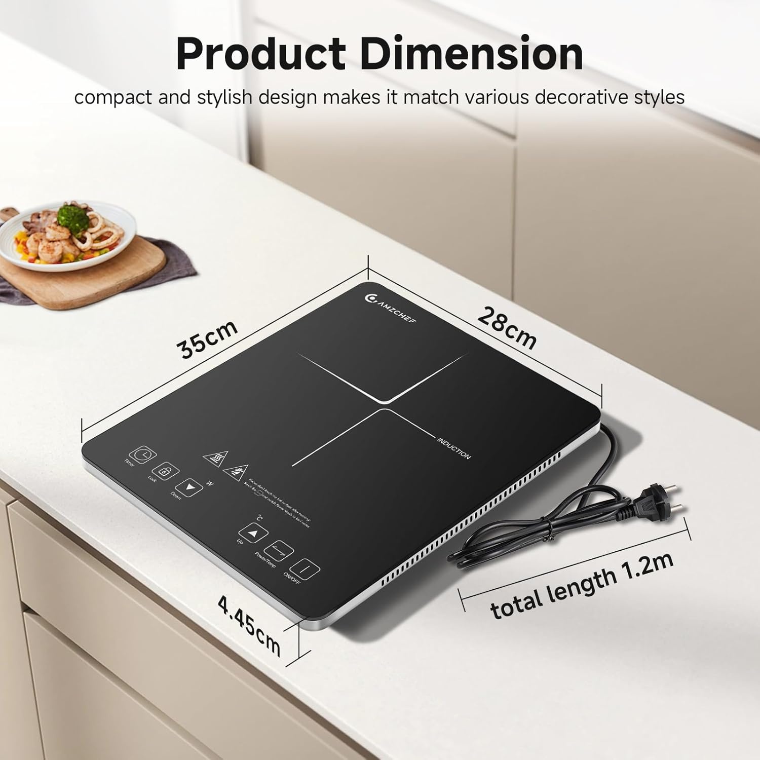 Induction hob, AMZCHEF single induction hob with ultra-thin design, 20 temperature settings and 20 power settings, 2000W induction hob 1 plate, 3-hour timer, safety lock.