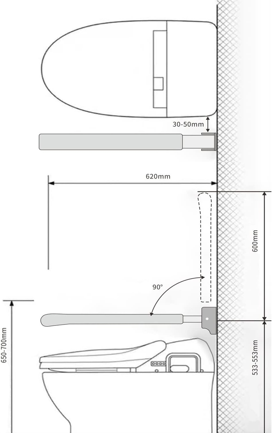 Wandsteungreep, klapgreep, leer, handgreep, inklapbaar, opstahulp, toilet, steunhulp, ondersteunt 150 kg, lengte greep: 62 cm, antislip, wandmontage, steunhandgreep voor senioren, gehandicapten