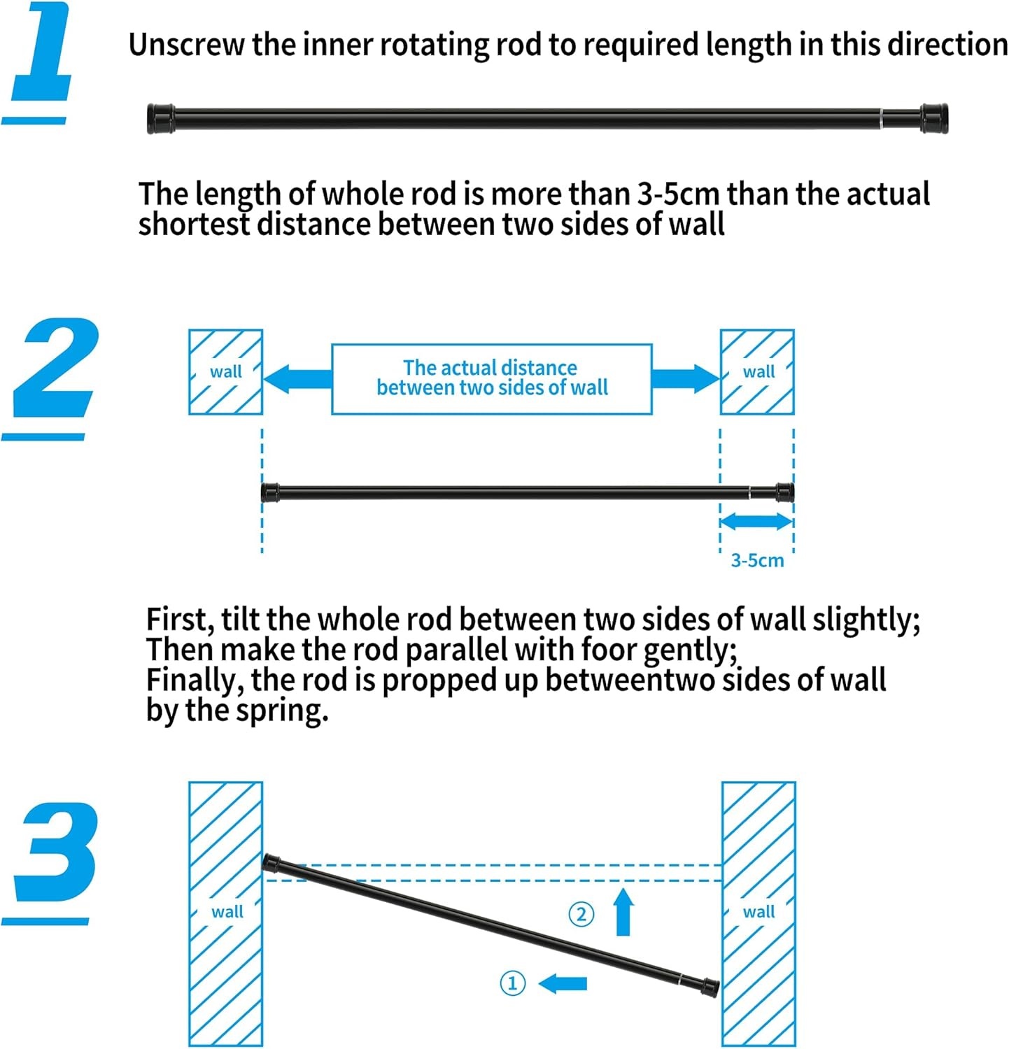 Douchegordijnstang, 1 stuk, zonder boren, telescoopstang, kledingstang, gordijnroede, klembaar, voor kasten, ramen, kledingkast, 83-190 cm, wit (diameter 25 mm)