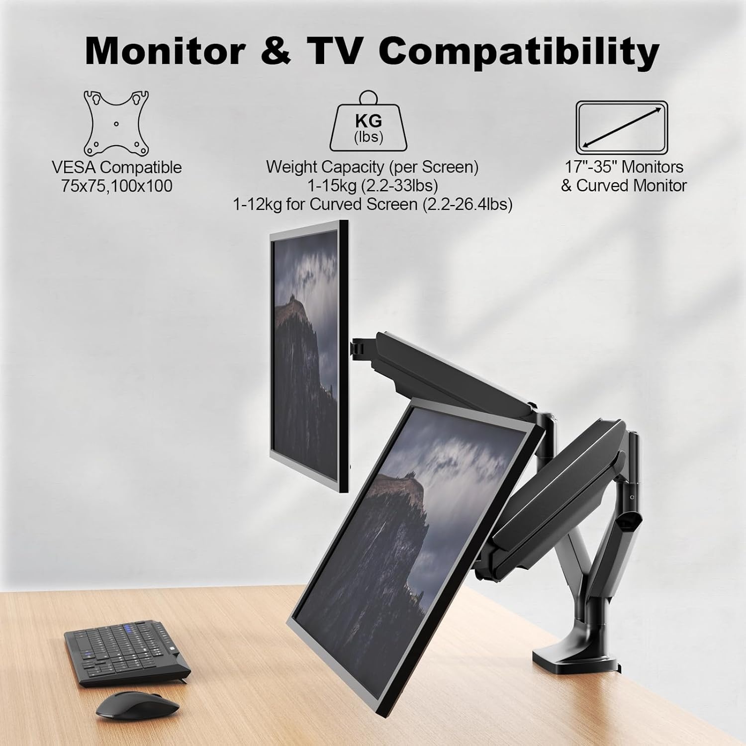 PUTORSEN Ergonomic Double Monitor Desk Bracket, Premium Aluminium, Tilt, Swivel and Adjustable in Height, Suitable for 17"-35" Monitors, VESA 75x75 & 100x100mm, up to 15kg per arm