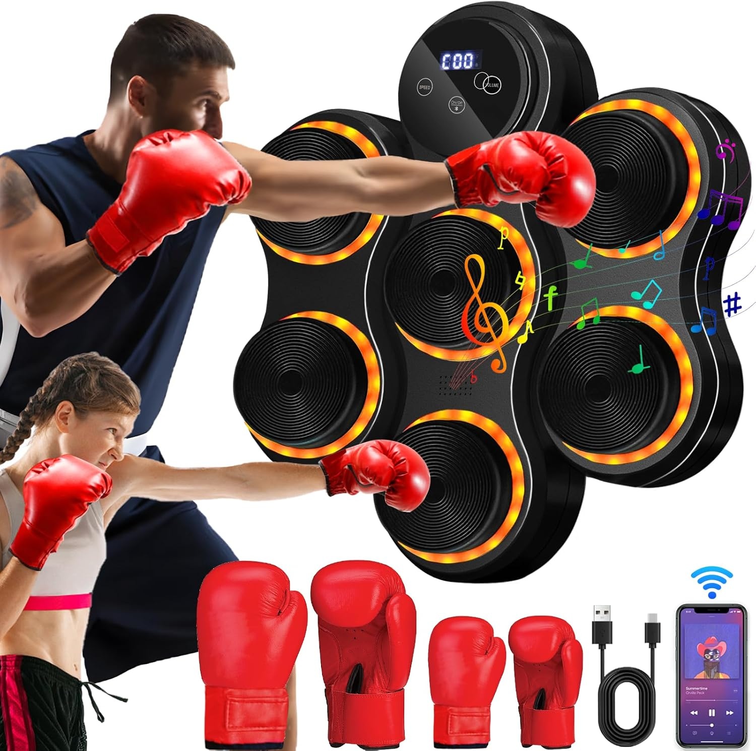 Muziek-boksmachine, bluetooth-muziekboxmachine, wandgemonteerde boxmachine met bokshandschoenen voor volwassenen en kinderen, 9 snelheidsmodi, 9 instelbare snelheden en telmodi