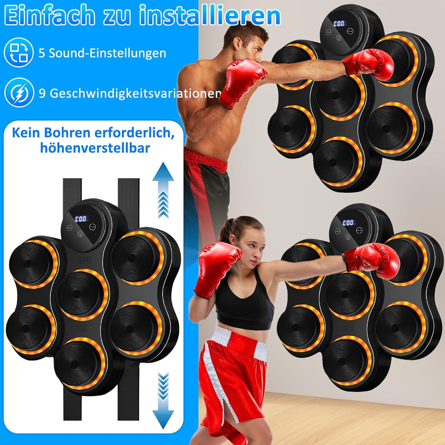 Muziek-boksmachine, bluetooth-muziekboxmachine, wandgemonteerde boxmachine met bokshandschoenen voor volwassenen en kinderen, 9 snelheidsmodi, 9 instelbare snelheden en telmodi
