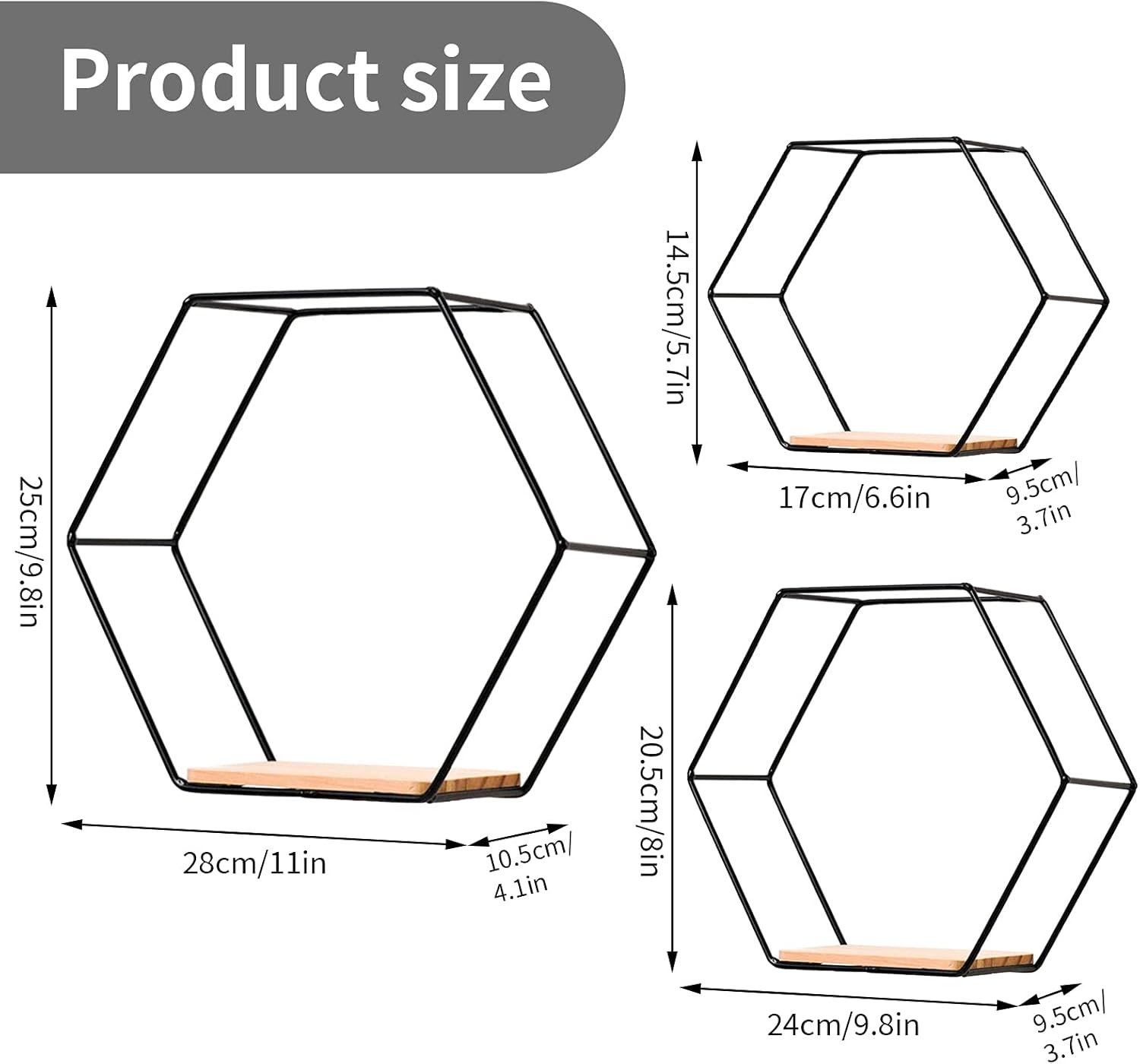 Set van 3 Zwarte Hexagon Wandrekken - 30% Korting!