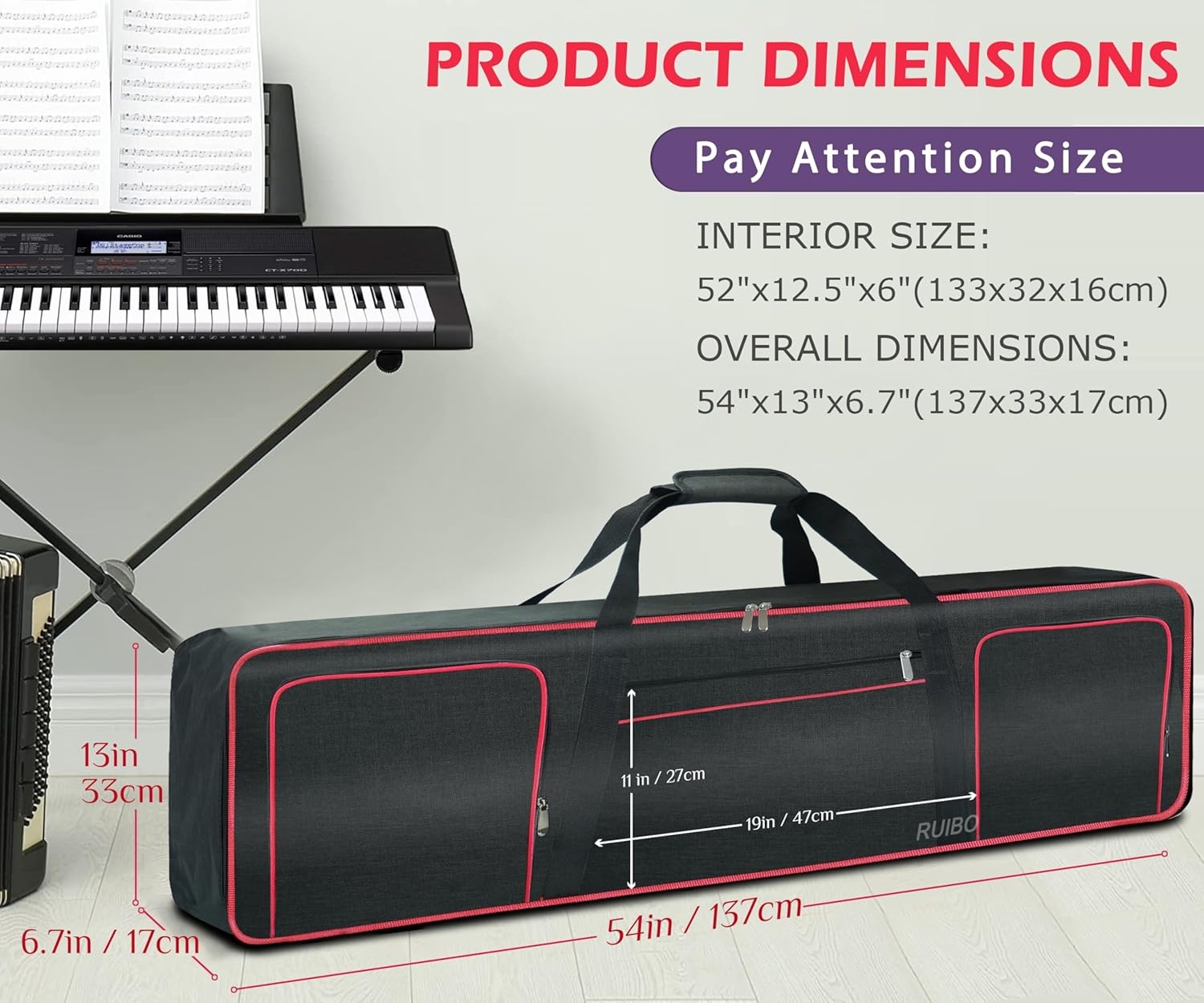 Ruibo 88 Key Keyboard Gigbag Case for Electric Piano with 10MM Cotton Padded, Waterproof 600D Oxford Gig Bag 137.2 x 33 x 17cm, Red, classic