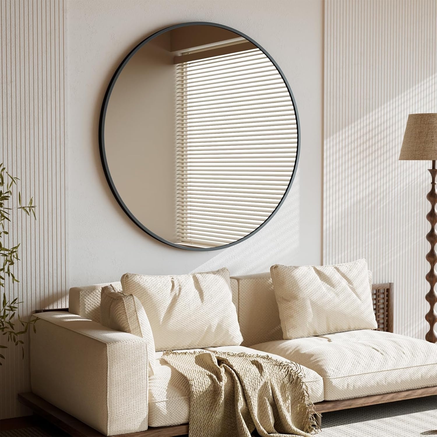 BEAUTYPEAK 46 cm Round Mirror, Shatterproof Wall Mirror with Aluminium Frame, Bathroom Mirror for Hanging and Leaning, Round Wall Mirror for Bedroom, Bathroom, Living Room