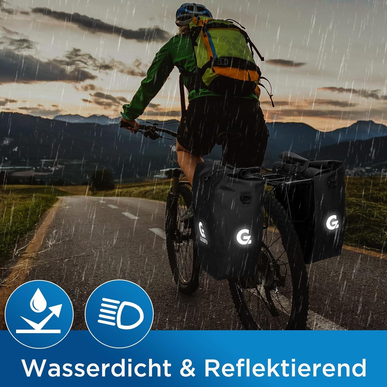 Set van 2 fietstas, bagagedrager, 48 liter, van zeildoek, achter, bagagedragertas met reflectoren, met draaggreep en schouderriem (2, 32 liter)
