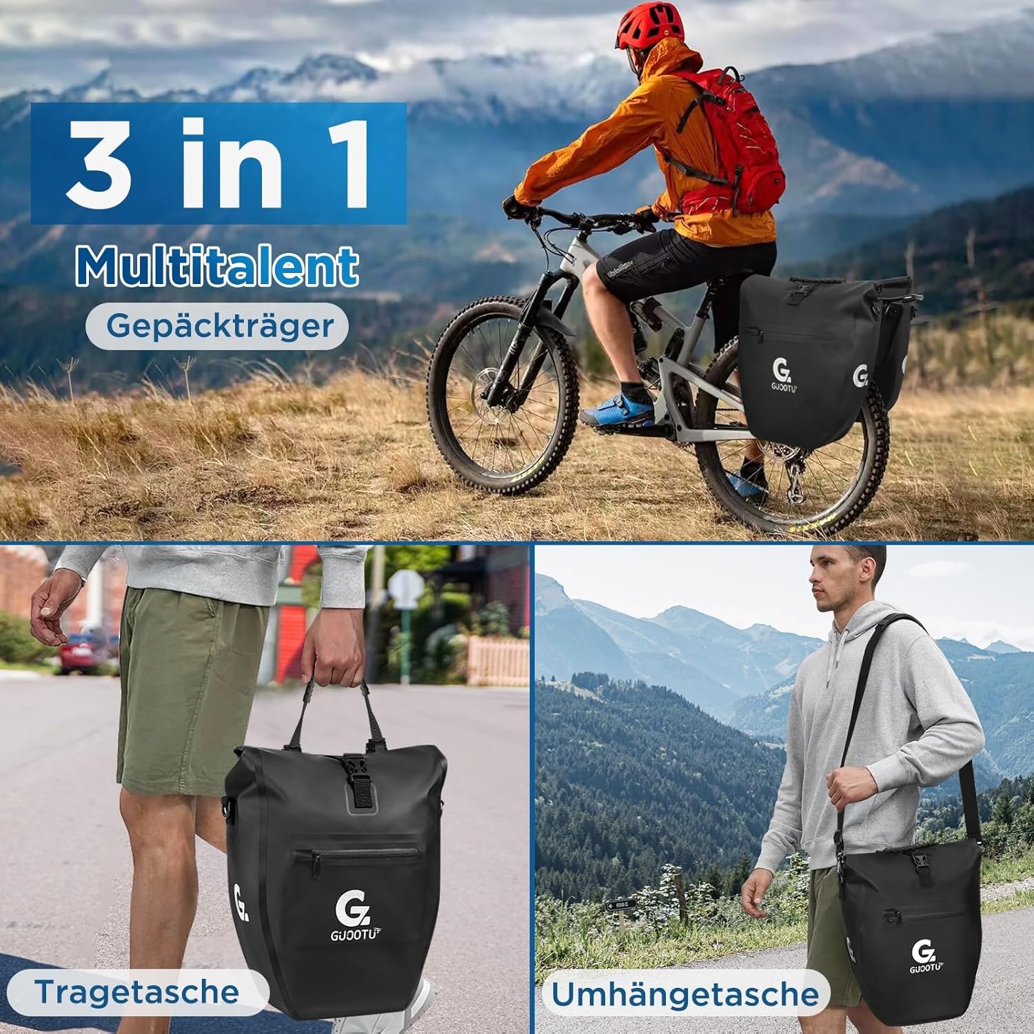 Set van 2 fietstas, bagagedrager, 48 liter, van zeildoek, achter, bagagedragertas met reflectoren, met draaggreep en schouderriem (2, 32 liter)