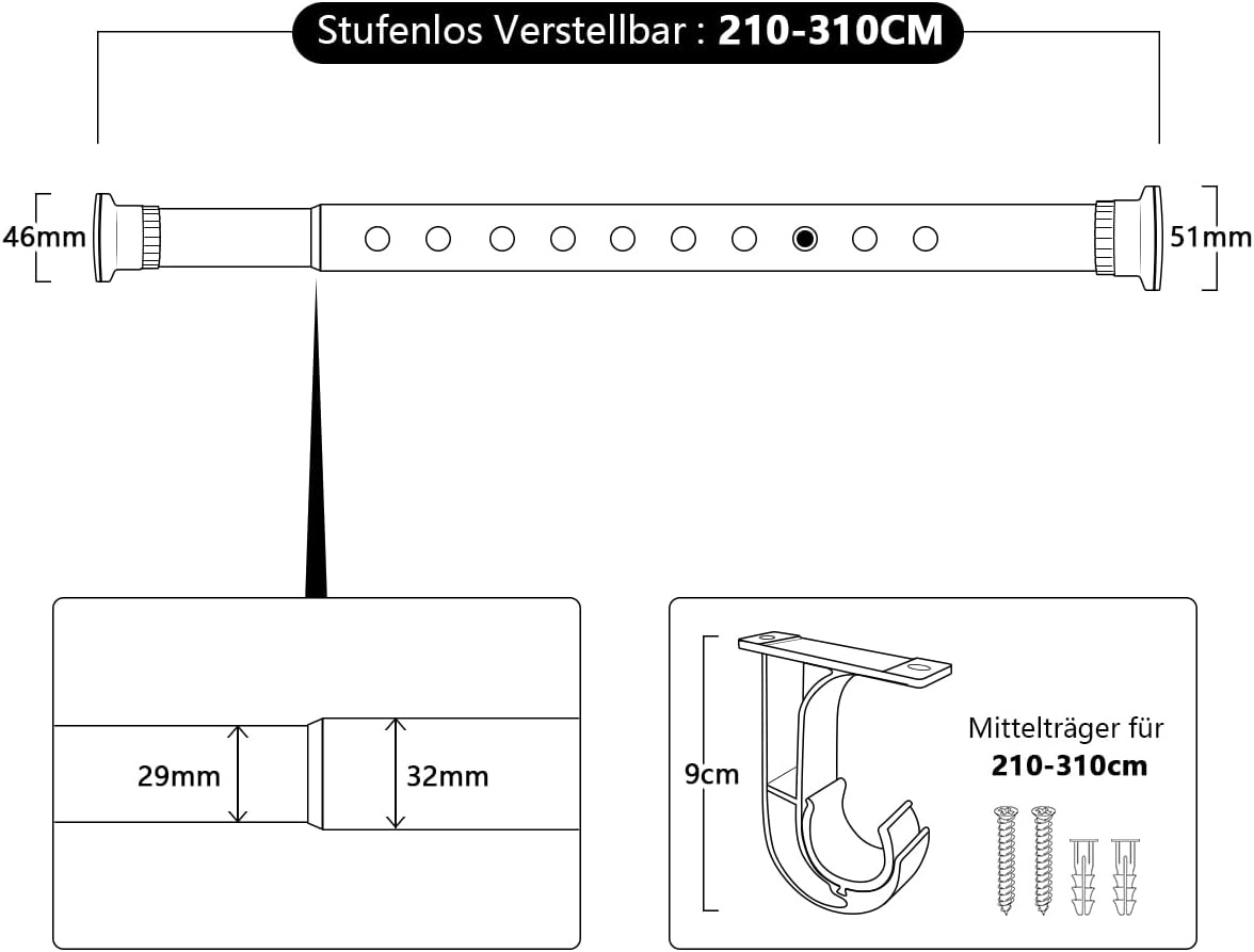 Vailge Telescopic Hanging Rod, 210-310 cm, White, Clamping Rod for Curtains and Room Divider, Fully Extendible Tension Rod