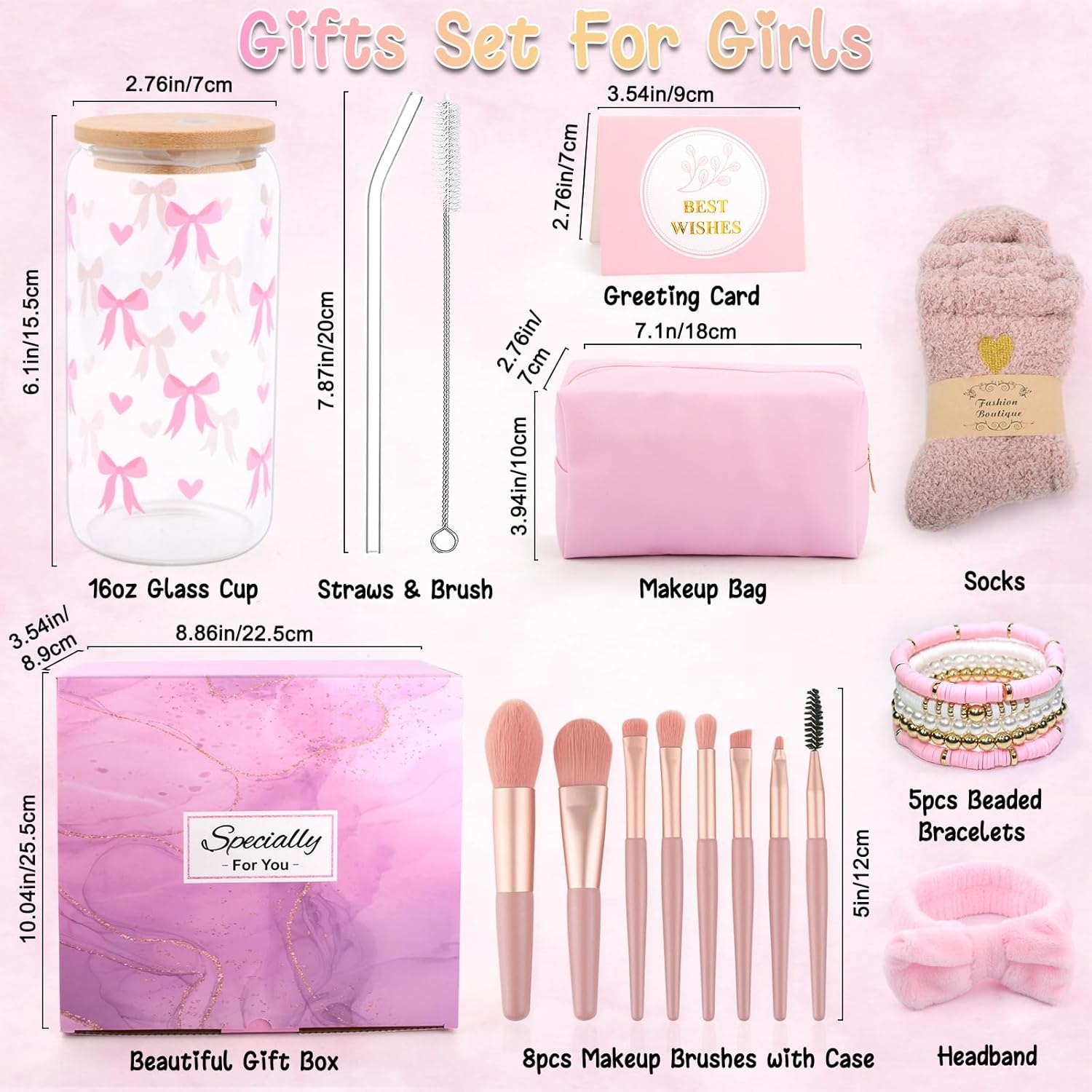 Gifts for Girls Teenage 9 10 11 12 13 14 Year Old, Easter Birthday Gifts for Girls Age 8-15, Glass Cup with Lid and Straw, Makeup Brushes Cosmetic Bag Bracelets Socks Headband, Bow Coffee Cup Presents