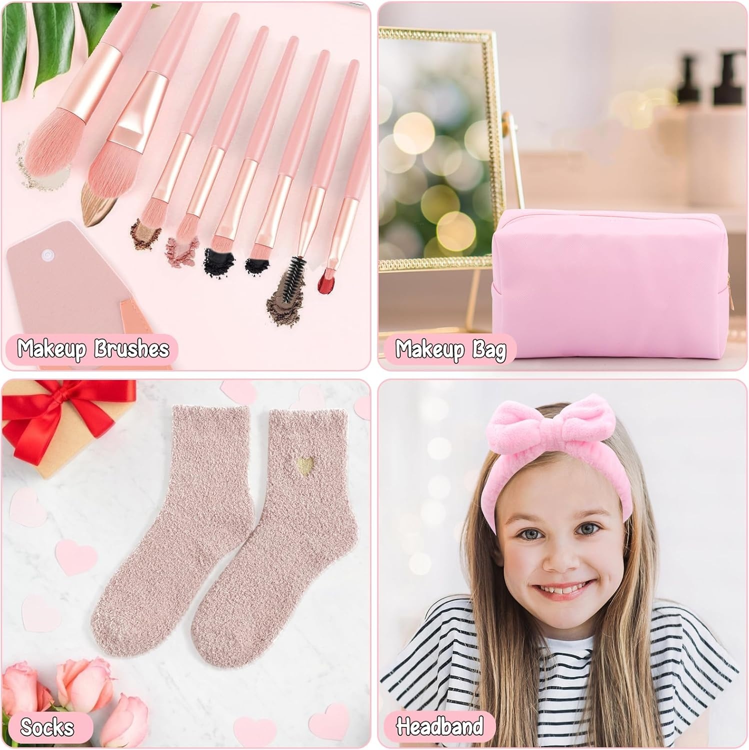 Gifts for Girls Teenage 9 10 11 12 13 14 Year Old, Easter Birthday Gifts for Girls Age 8-15, Glass Cup with Lid and Straw, Makeup Brushes Cosmetic Bag Bracelets Socks Headband, Bow Coffee Cup Presents