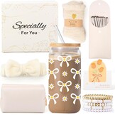 Gifts for Girls Teenage 9 10 11 12 13 14 Year Old, Easter Birthday Gifts for Girls Age 8-15, Glass Cup with Lid and Straw, Makeup Brushes Cosmetic Bag Bracelets Socks Headband, Bow Coffee Cup Presents