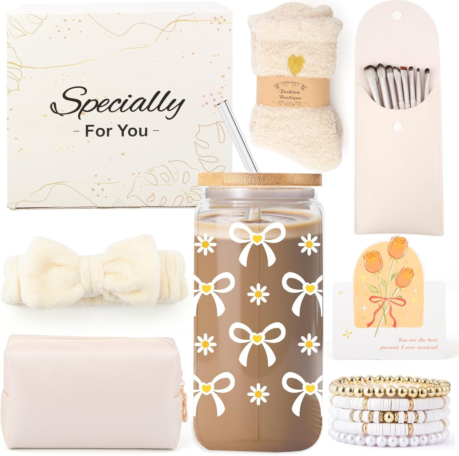 Gifts for Girls Teenage 9 10 11 12 13 14 Year Old, Easter Birthday Gifts for Girls Age 8-15, Glass Cup with Lid and Straw, Makeup Brushes Cosmetic Bag Bracelets Socks Headband, Bow Coffee Cup Presents