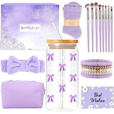 Gifts for Girls Teenage 9 10 11 12 13 14 Year Old, Easter Birthday Gifts for Girls Age 8-15, Glass Cup with Lid and Straw, Makeup Brushes Cosmetic Bag Bracelets Socks Headband, Bow Coffee Cup Presents