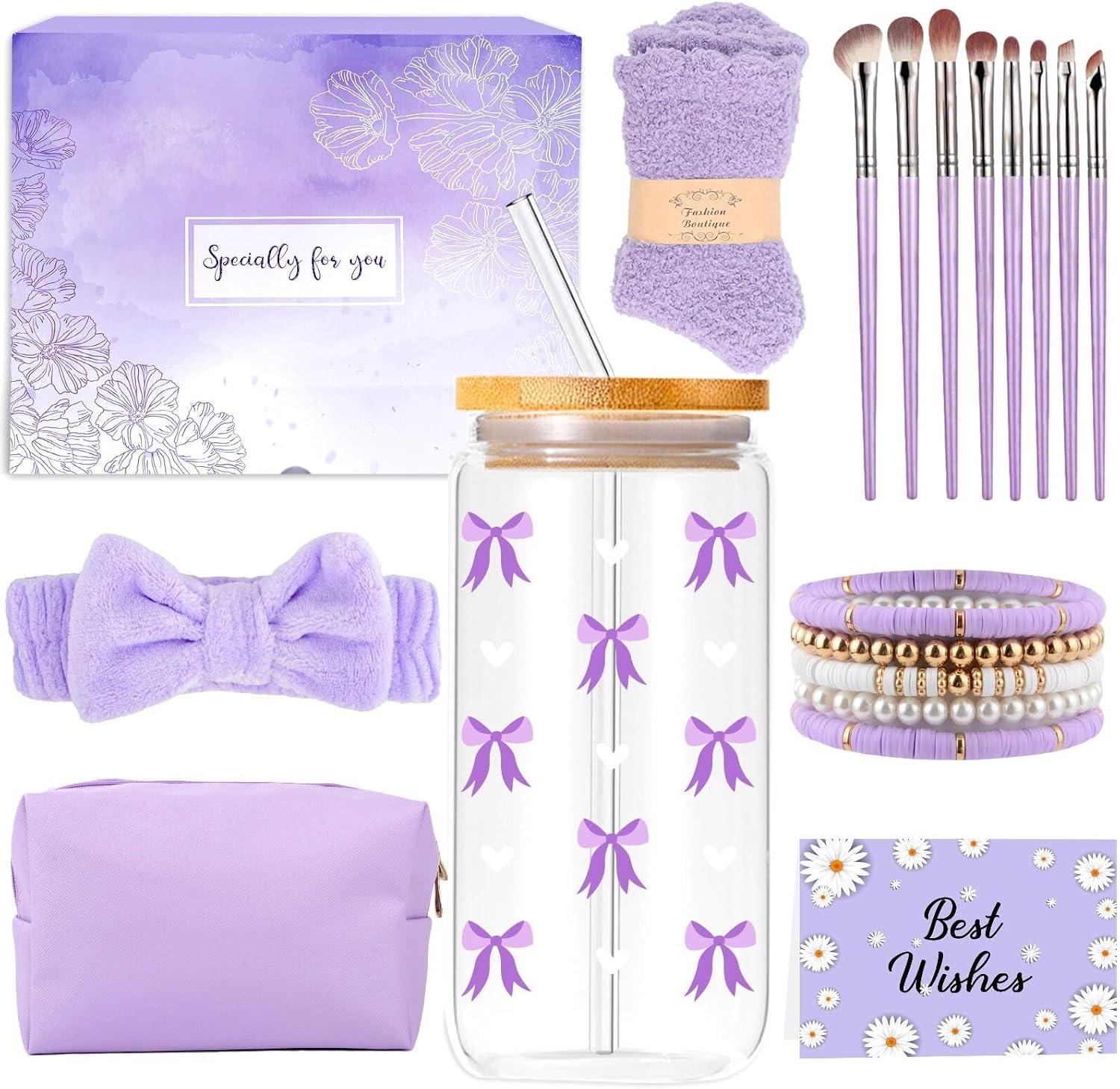 Gifts for Girls Teenage 9 10 11 12 13 14 Year Old, Easter Birthday Gifts for Girls Age 8-15, Glass Cup with Lid and Straw, Makeup Brushes Cosmetic Bag Bracelets Socks Headband, Bow Coffee Cup Presents