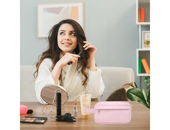 Kleine make-uptassen voor dames, toilettas, make-uptas, reistas, cosmeticatas, corduroy make-uptas met metalen ritssluiting voor vrouwen, Scandinavische stijl, roze