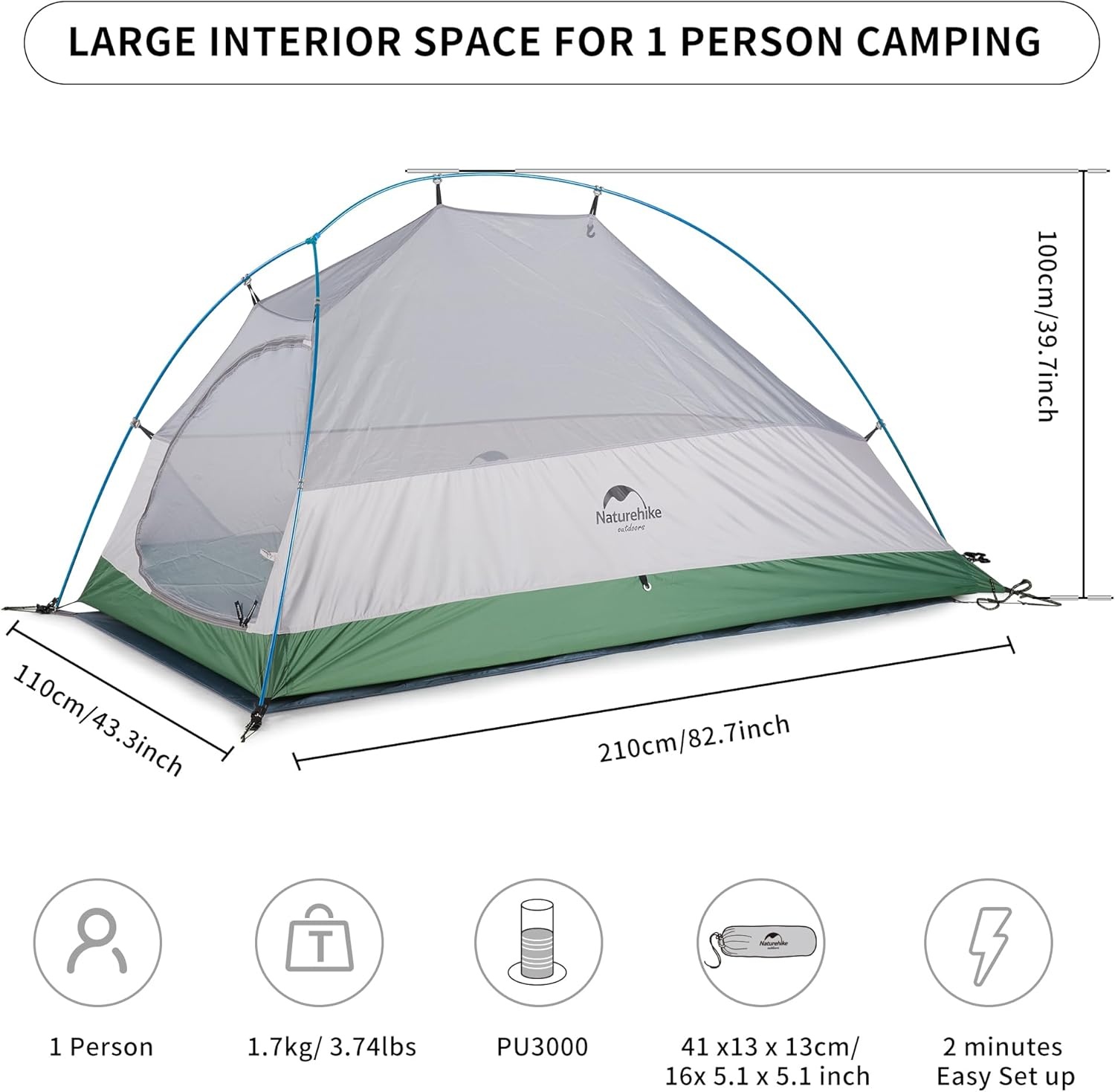 Naturehike Cloud up 1 Person Dome Tent Ultralight Tent Suitable for Camping and Hiking