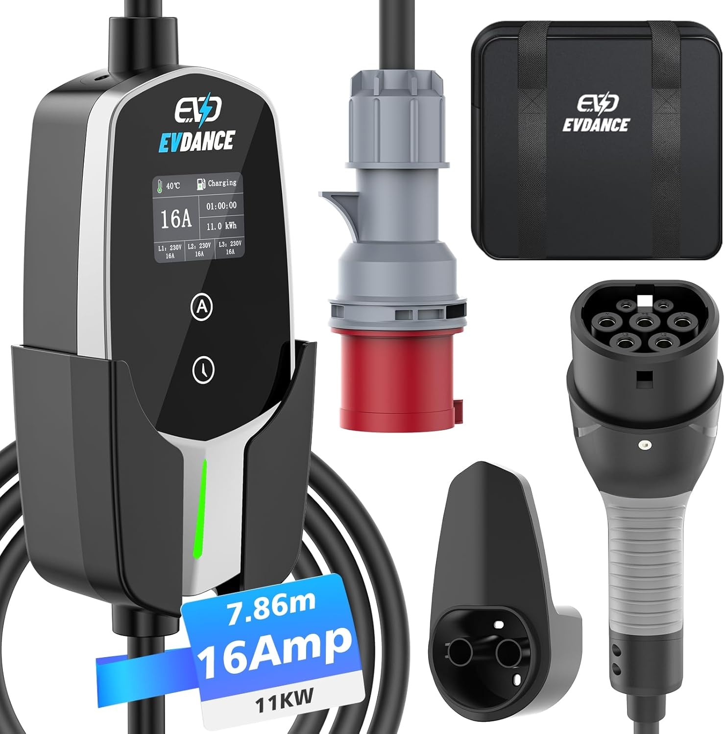 Mobile Wallbox oplaadkabel, 11 kW, 7,8 m, 3-fase, 6-16 A, type 2, CEE 16 A naar type 2, instelbaar laadvermogen voor elektrische auto's, zilverkleurig