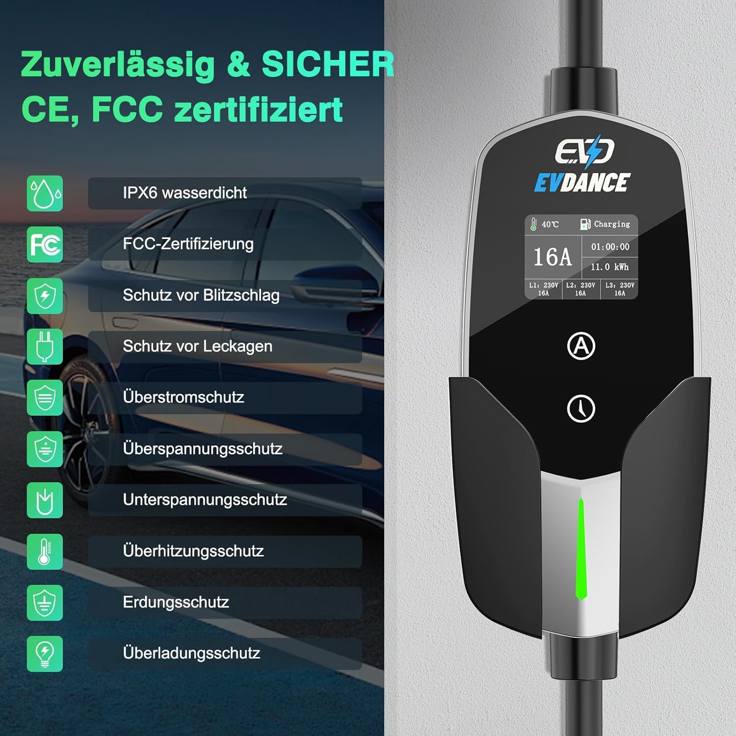 Mobile Wallbox oplaadkabel, 11 kW, 7,8 m, 3-fase, 6-16 A, type 2, CEE 16 A naar type 2, instelbaar laadvermogen voor elektrische auto's, zilverkleurig