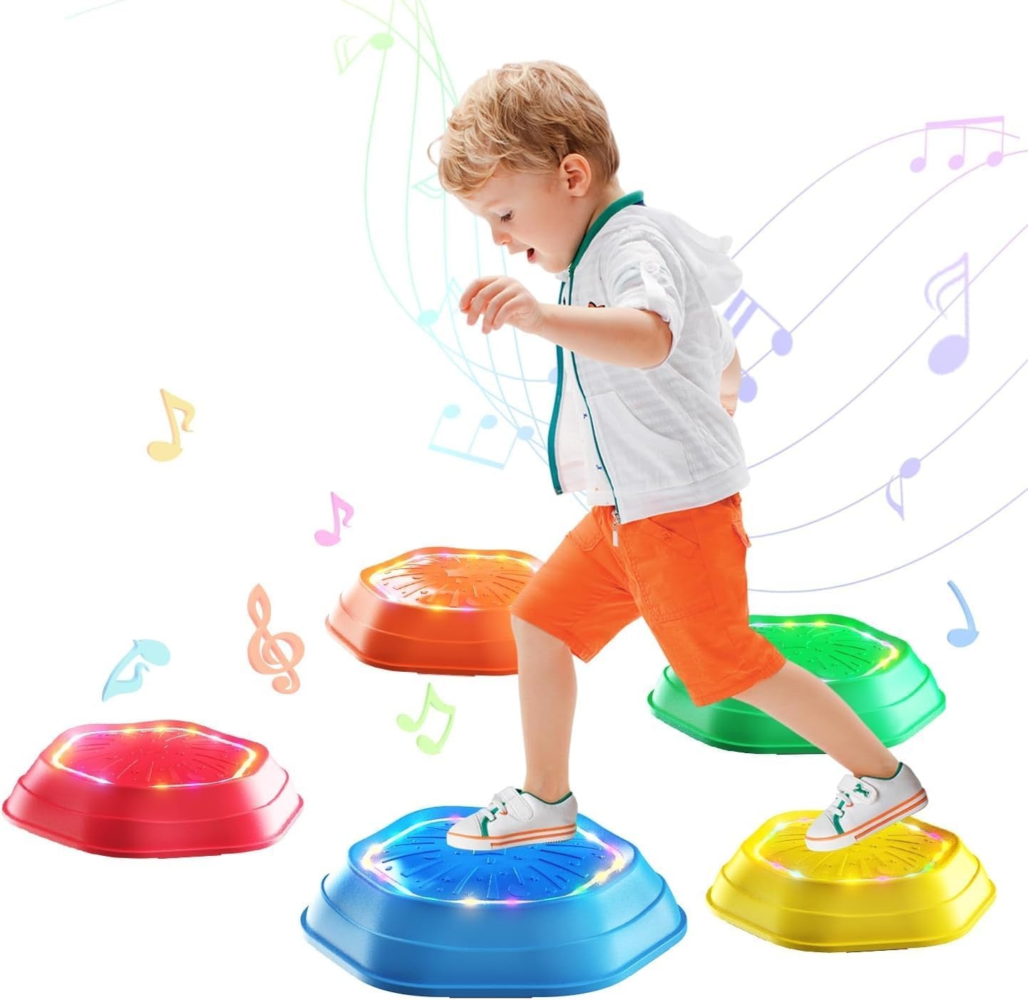 Holyton 5er-Set Balanciersteine für Kinder, mit Licht und Musik, rutschfest und stapelbar, ideal für drinnen und draußen, Gleichgewichtstraining für Kinder