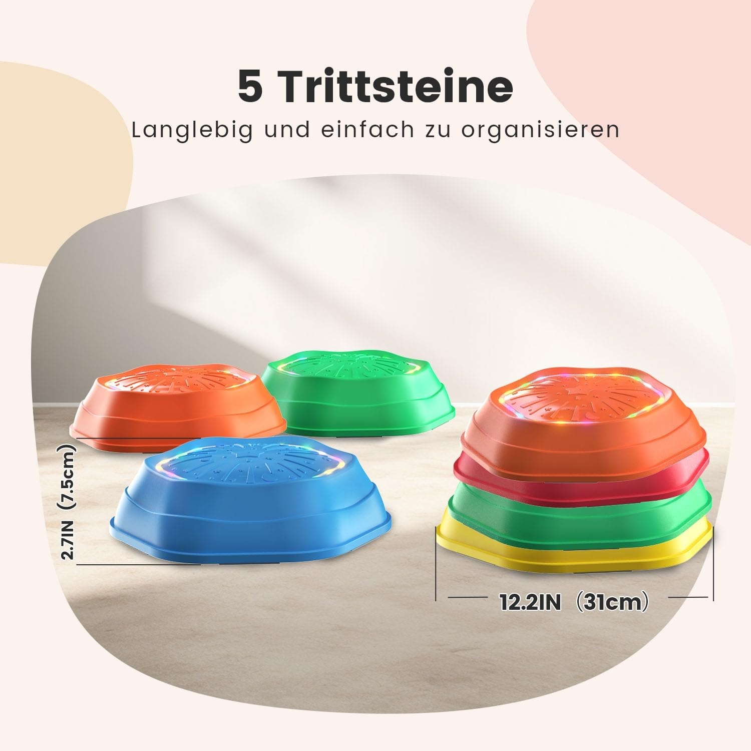 Holyton 5er-Set Balanciersteine für Kinder, mit Licht und Musik, rutschfest und stapelbar, ideal für drinnen und draußen, Gleichgewichtstraining für Kinder