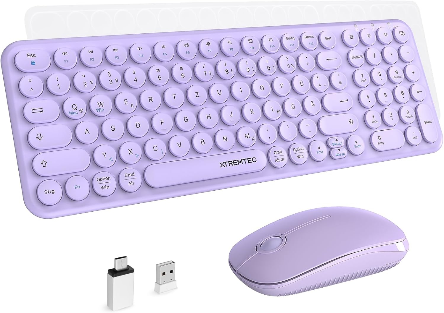XTREMTEC Draadloze toetsenbord-muisset, retro ronde schrijfmachine, toetsenbord, slim draadloos toetsenbord met muis, USB 2,4 GHz verbinding, compact toetsenbord voor laptop, iMac, Windows (paars) -