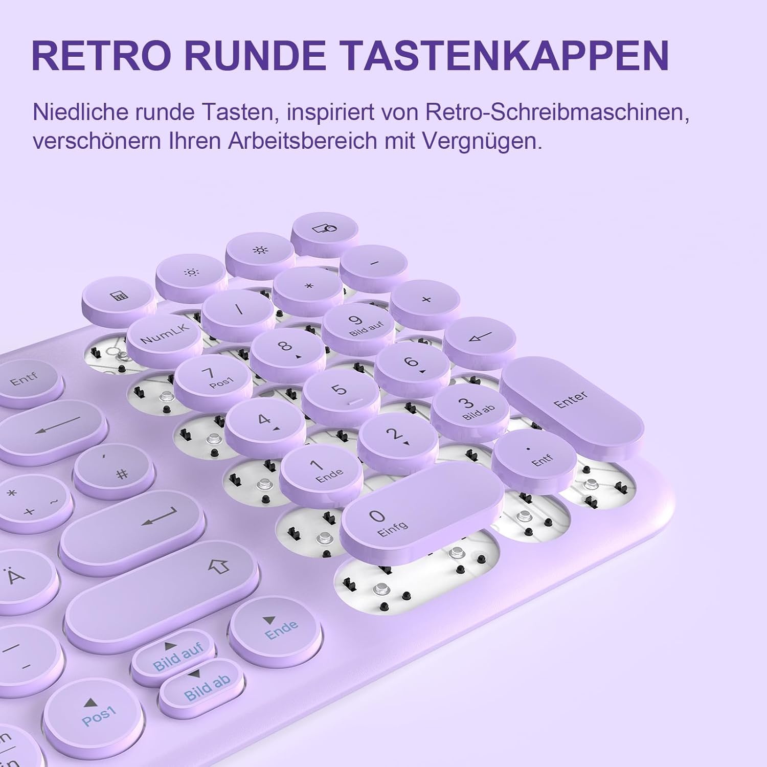 XTREMTEC Draadloze toetsenbord-muisset, retro ronde schrijfmachine, toetsenbord, slim draadloos toetsenbord met muis, USB 2,4 GHz verbinding, compact toetsenbord voor laptop, iMac, Windows (paars) -
