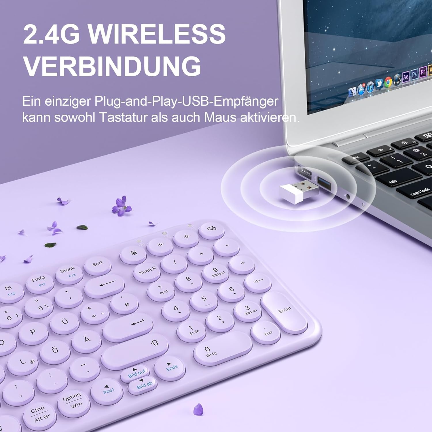 XTREMTEC Draadloze toetsenbord-muisset, retro ronde schrijfmachine, toetsenbord, slim draadloos toetsenbord met muis, USB 2,4 GHz verbinding, compact toetsenbord voor laptop, iMac, Windows (paars) -