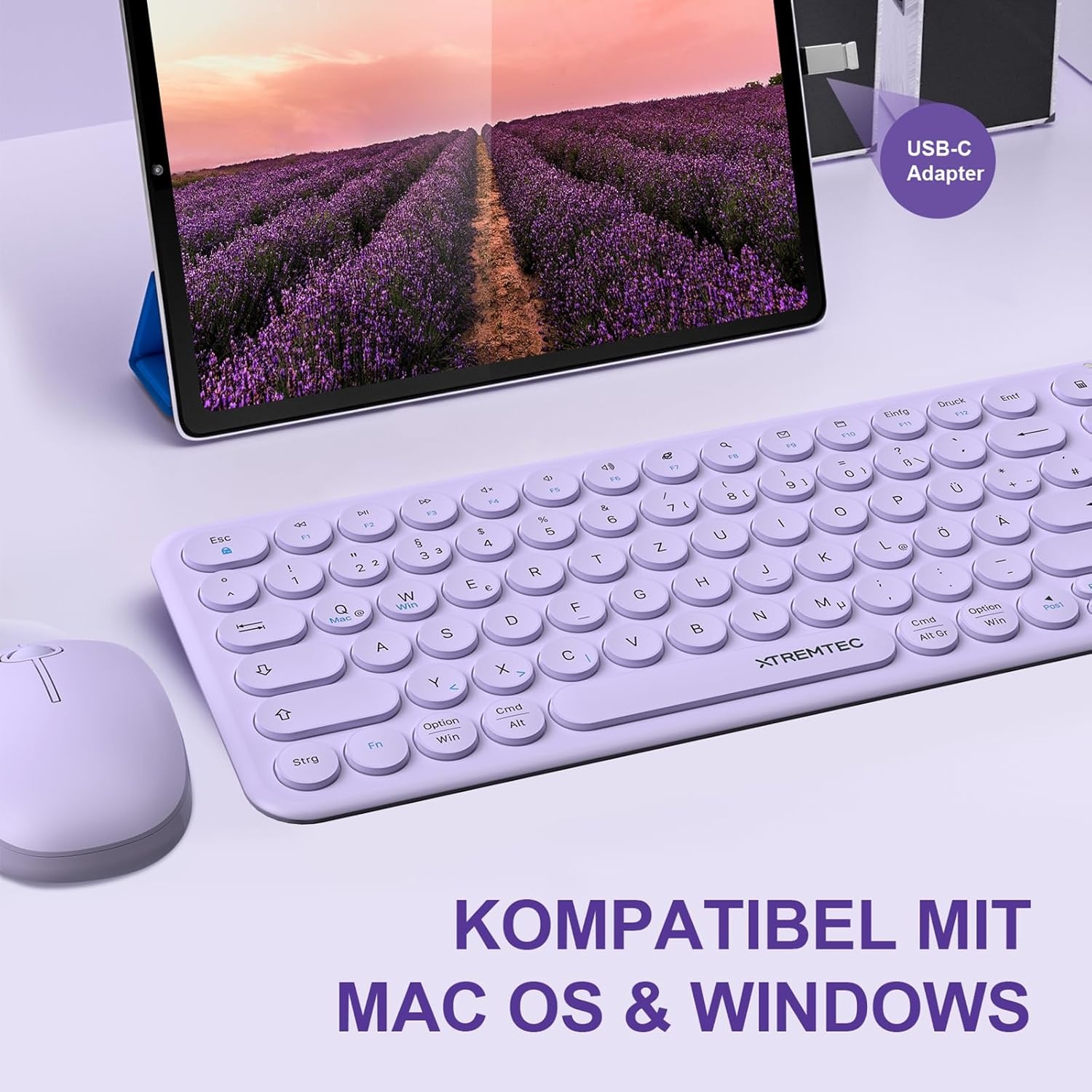 XTREMTEC Draadloze toetsenbord-muisset, retro ronde schrijfmachine, toetsenbord, slim draadloos toetsenbord met muis, USB 2,4 GHz verbinding, compact toetsenbord voor laptop, iMac, Windows (paars) -