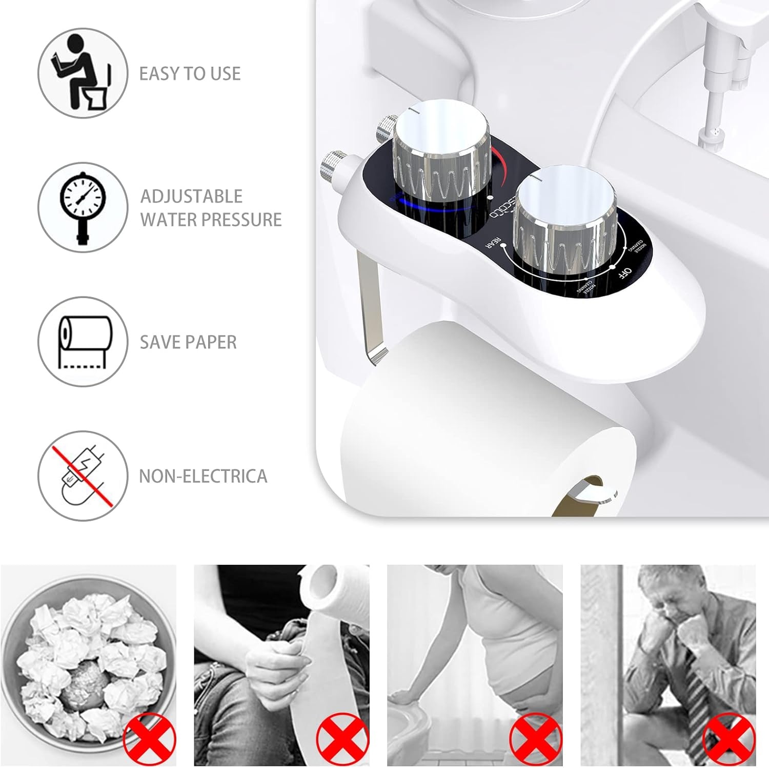 Bidet opzetstuk voor toilet, niet-elektrisch bidet toiletopzetstuk met toiletpapierhouder, inzet voor WC, zelfreinigende dubbele sproeiers, instelbare drukschakelaar voor koud en warm water