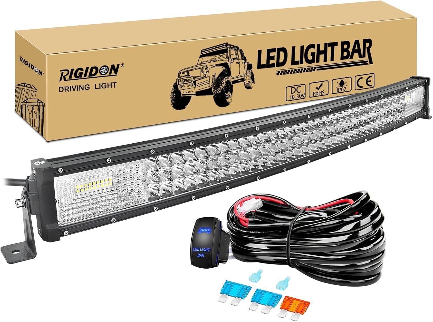 RIGIDON 32 inch 405W gebogen led-werklampbalk met 12V kabelboom kabelset, 7D Tri Row Driving mistlamp voor auto off-road vrachtwagen SUV ATV 4x4 boot, overstromingsspot combo beam, waterdicht, 6000K