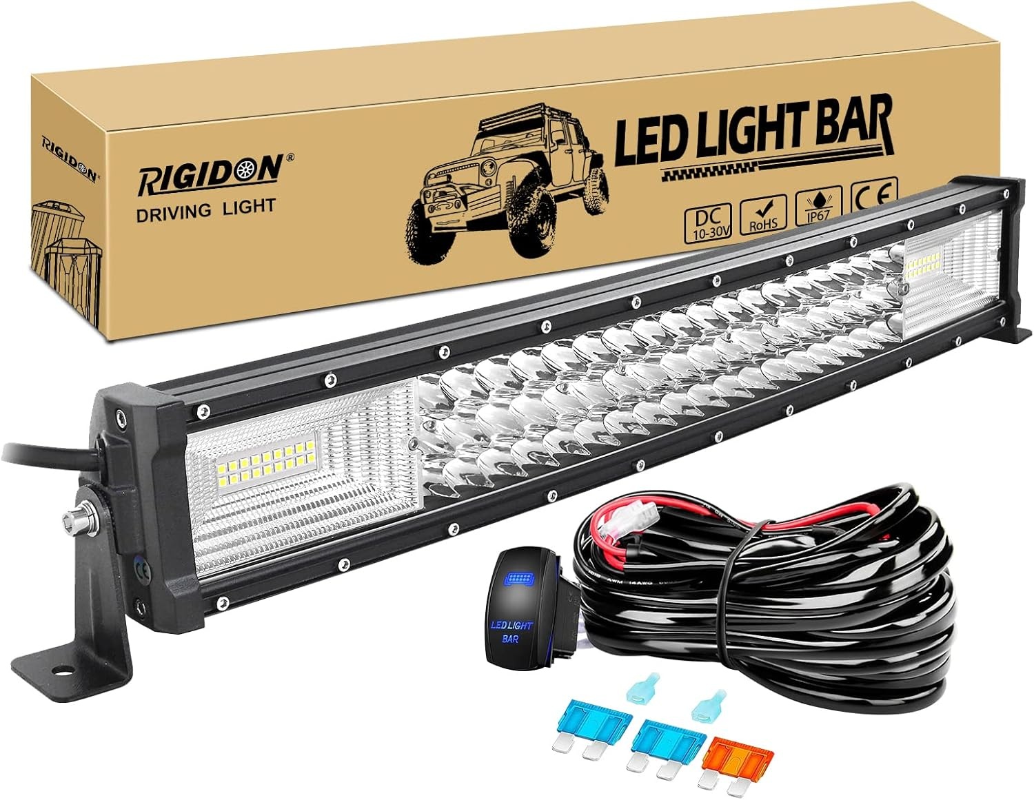 RIGIDON 32 inch 405W gebogen led-werklampbalk met 12V kabelboom kabelset, 7D Tri Row Driving mistlamp voor auto off-road vrachtwagen SUV ATV 4x4 boot, overstromingsspot combo beam, waterdicht, 6000K