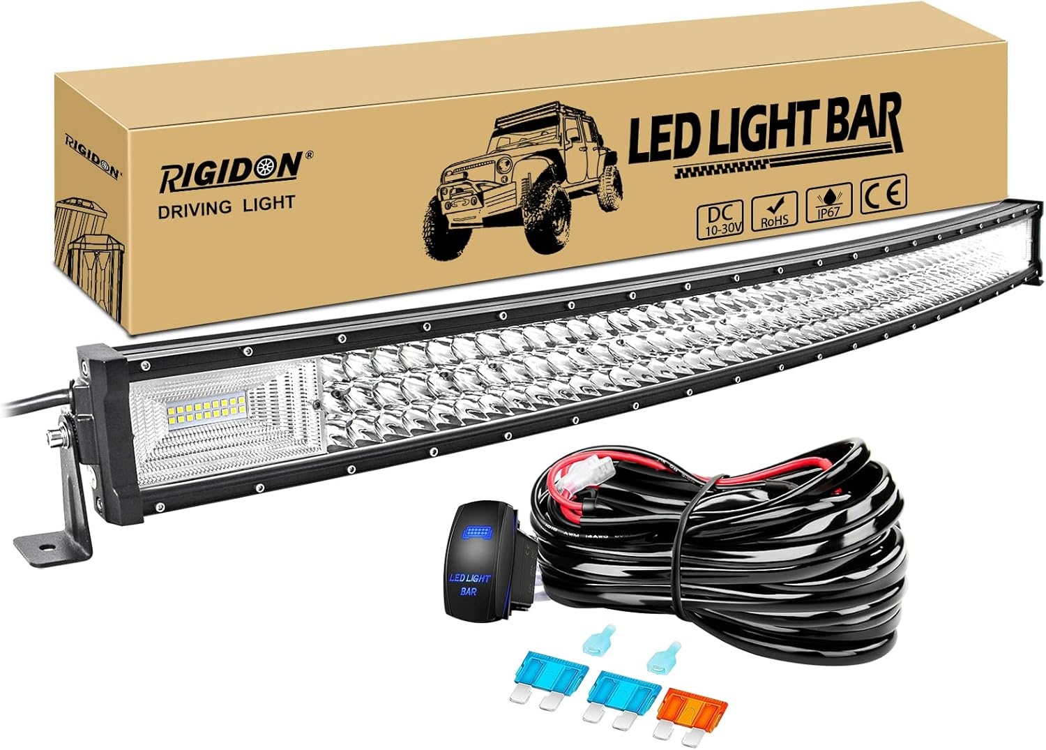 RIGIDON 32 inch 405W gebogen led-werklampbalk met 12V kabelboom kabelset, 7D Tri Row Driving mistlamp voor auto off-road vrachtwagen SUV ATV 4x4 boot, overstromingsspot combo beam, waterdicht, 6000K