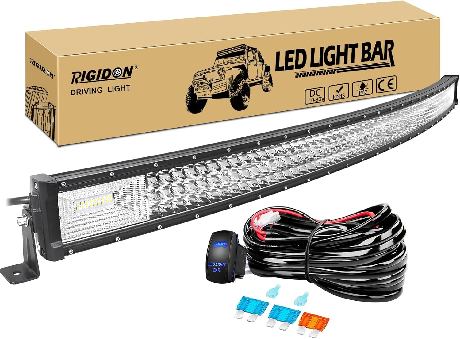 RIGIDON 32 inch 405W gebogen led-werklampbalk met 12V kabelboom kabelset, 7D Tri Row Driving mistlamp voor auto off-road vrachtwagen SUV ATV 4x4 boot, overstromingsspot combo beam, waterdicht, 6000K