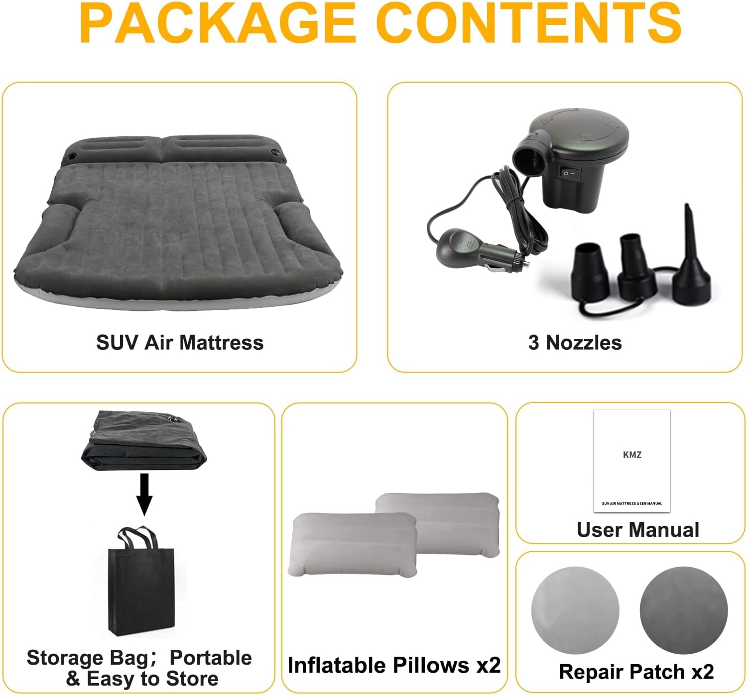 KMZ Luchtmatras, verdikte en dubbelzijdig gevlokte SUV, luchtmatras, campingmatras, met 2 opblaasbare hoofdkussens, donkergrijs
