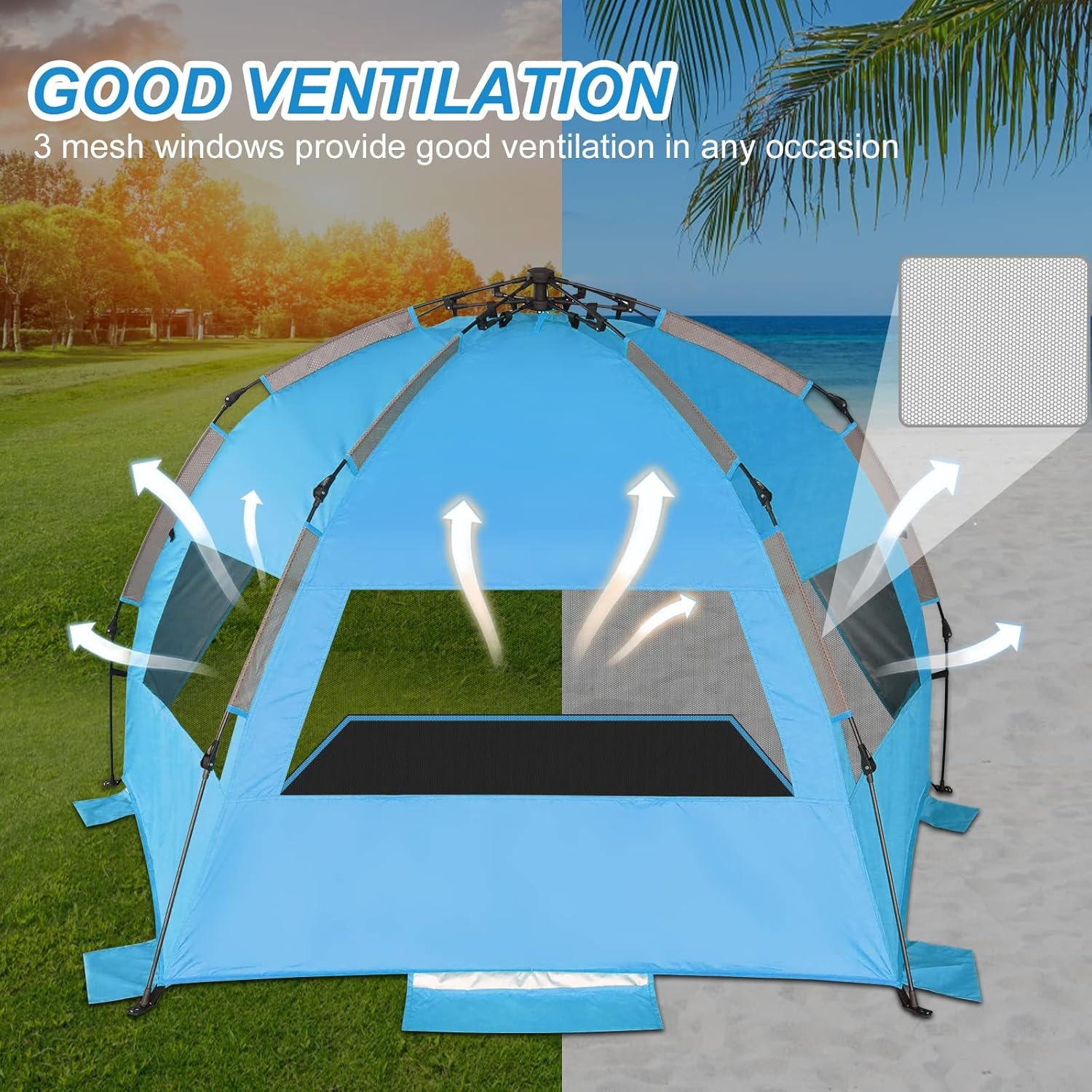 TAGVO Strandtent, waterdicht, draagbaar, voor 3-4 personen, zonwering, UPF 50+ ademende tent voor kamperen